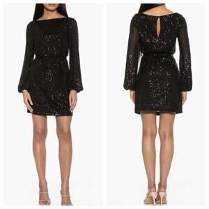 Alexia Admor Dress Val Black Sequin Long Sleeve Tie Waist Shift Mini Small